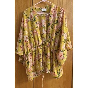 David and Young Cover Up Cardigan‎ Kimono Open Yellow Floral Poolside One Size